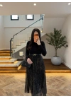 YEŞİL ŞİFON PİLİSE DETAYLI ELBİSE-4199