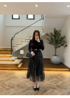 YEŞİL ŞİFON PİLİSE DETAYLI ELBİSE-4199