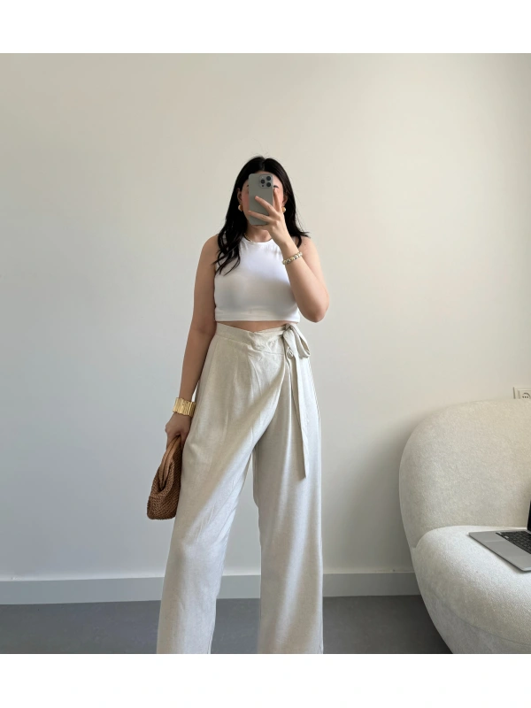 Bej önü bağlamalı keten pantolon