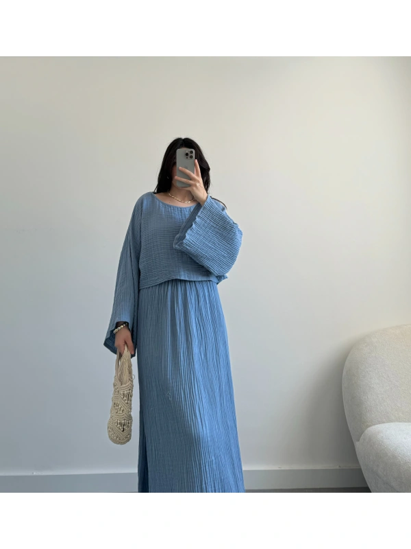 Hanna mavi müslin kumaş etek takım