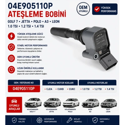 04E905110P Ateşleme Bobini Golf 7 Jetta Polo A3 Leon 1.0-1.2-1.4 TSI