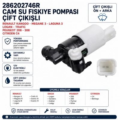 286202746R Cam Su Fıskiye Pompası Çift Çıkışlı Renault Kangoo Megane 3