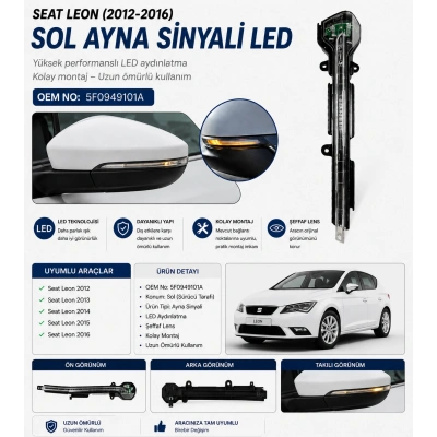 5F0949101A Seat Leon Sol Ayna Sinyali LED 2012-2016 Uyumlu