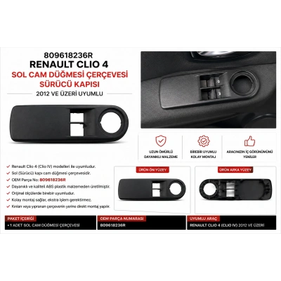 809618236R Renault Clio 4 Sol Cam Düğmesi Çerçevesi Sürücü Kapısı 2012 ve Üzeri Uyumlu