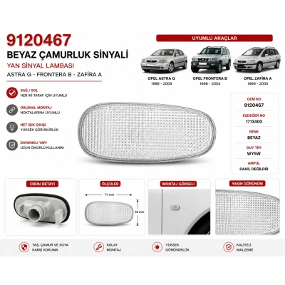 9120467 Opel Astra G Frontera B Beyaz Çamurluk Sinyali Yan Sinyal Lambası