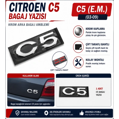 Citroen C5 Bagaj Yazısı Krom Arka Bagaj Amblemi 2003-2009 Uyumlu