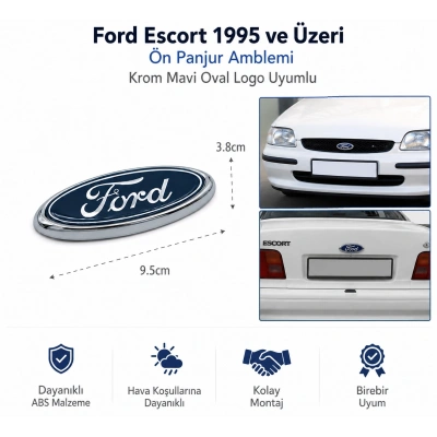 Ford Escort 1995 ve Üzeri Ön Panjur Amblemi Krom Mavi Oval Logo Uyumlu