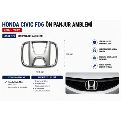 Honda Civic FD6 Ön Panjur Amblemi Logo 2007-2012 OEM Yedek Parça