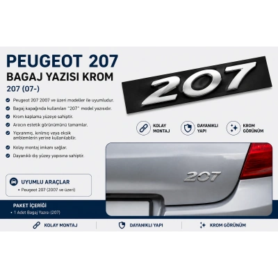 Peugeot 207 Bagaj Yazısı Krom 2007 ve Üzeri