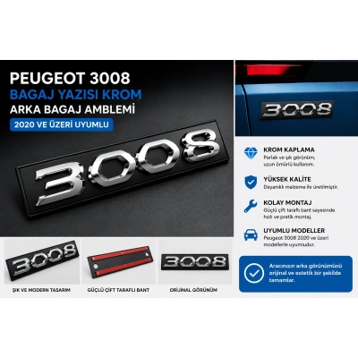 Peugeot 3008 Bagaj Yazısı Krom Arka Bagaj Amblemi 2020 ve Üzeri Uyumlu