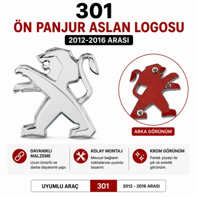 Peugeot 301 Uyumlu Ön Panjur Aslan Logosu 2012-2016 Krom Görünümlü