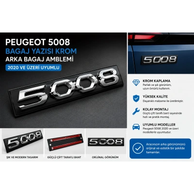Peugeot 5008 Bagaj Yazısı Krom Arka Bagaj Amblemi 2020 ve Üzeri Uyumlu
