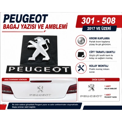 Peugeot Bagaj Yazısı Aslan ile Birlikte Krom 301 508 2017 ve Üzeri