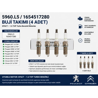 Peugeot Citroen 1.6 THP Buji Takımı 5960.L5 1654517280 EP6CT 207 308 3008 5008 RCZ DS3 DS4 DS5