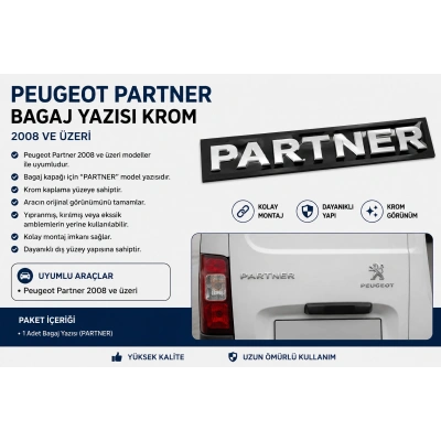 Peugeot Partner Bagaj Yazısı Krom 2008 ve Üzeri