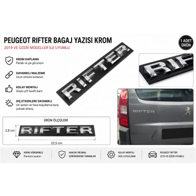 Peugeot Rifter Bagaj Yazısı Krom Arka Bagaj Amblemi 2019 ve Üzeri Uyumlu
