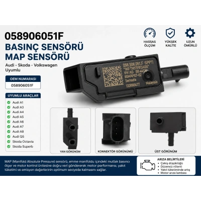 Volkswagen Audi Skoda Basınç Sensörü MAP Sensörü 058906051F A1 A3 A4 A5 A6 A7 A8 Q5 Octavia Superb