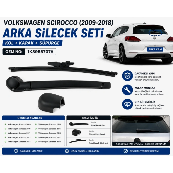 1K8955707A Volkswagen Scirocco Arka Silecek Kolu Kapak ve Silecek Süpürgesi Seti 2009-2018 Uyumlu