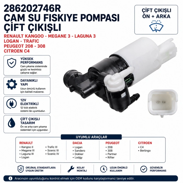 286202746R Cam Su Fıskiye Pompası Çift Çıkışlı Renault Kangoo Megane 3