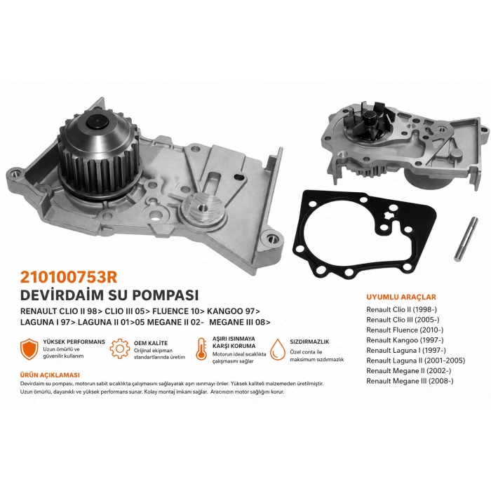 210100753R Devirdaim Su Pompası Renault Clio II Clio III Fluence Kangoo Laguna Megane Uyumlu