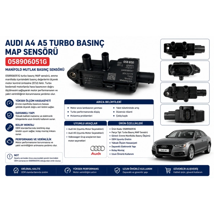 Audi A4 A5 Turbo Basınç MAP Sensörü 058906051G Manifold Mutlak Basınç Sensörü