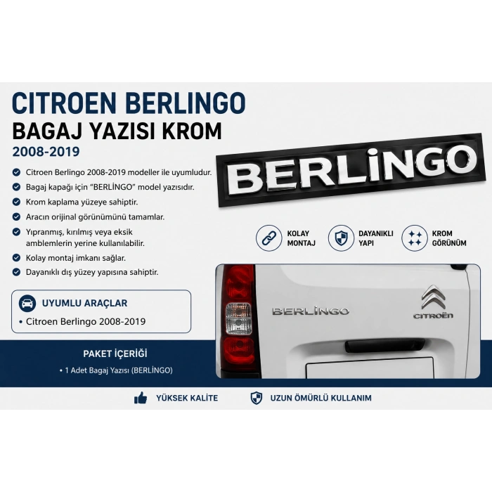 Citroen Berlingo Bagaj Yazısı Krom 2008-2019