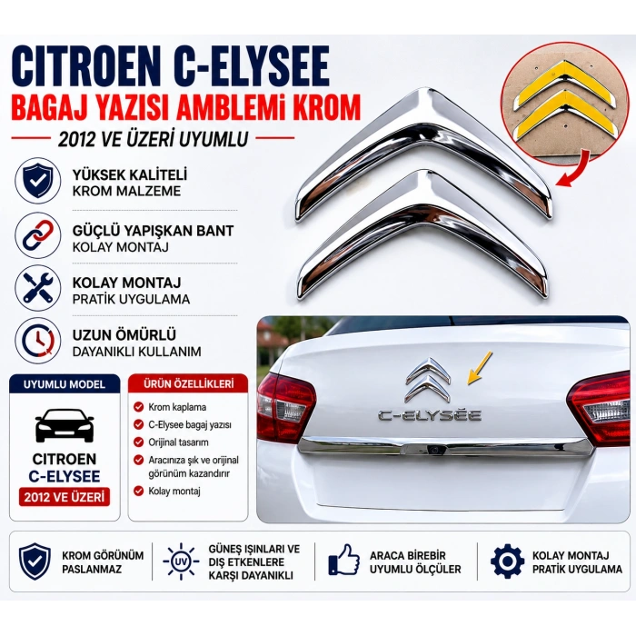 Citroen C-Elysee Bagaj Yazısı Amblemi Krom 2012 ve Üzeri Uyumlu