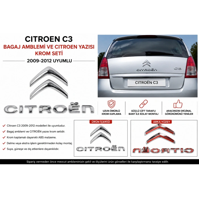 Citroen C3 Bagaj Amblemi ve Citroen Yazısı Krom Seti 2009-2012 Uyumlu