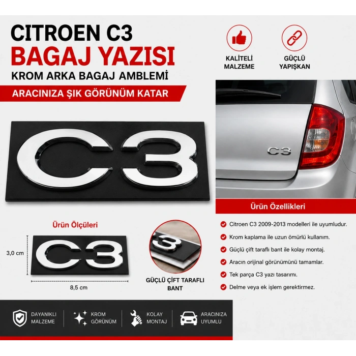Citroen C3 Bagaj Yazısı Krom Arka Bagaj Amblemi 2009-2013 Uyumlu