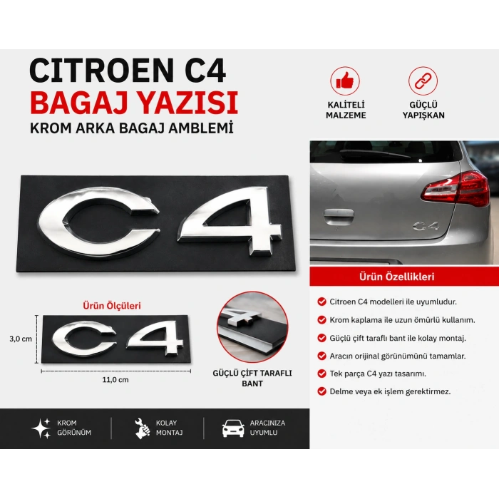 Citroen C4 Bagaj Yazısı Krom Arka Bagaj Amblemi Logo Uyumlu