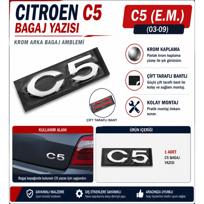 Citroen C5 Bagaj Yazısı Krom Arka Bagaj Amblemi 2003-2009 Uyumlu
