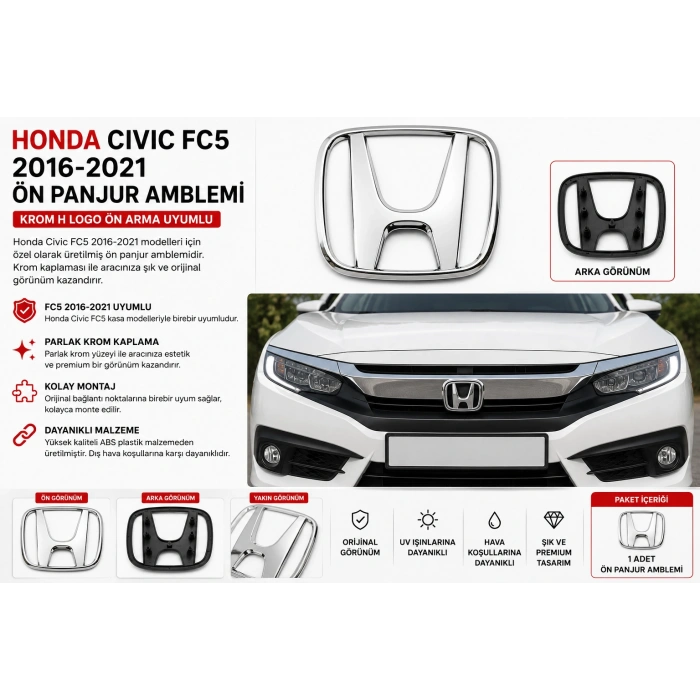 Honda Civic FC5 2016-2021 Ön Panjur Amblemi Krom H Logo Ön Arma Uyumlu