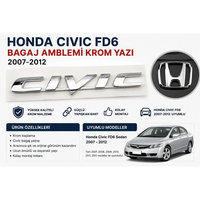Honda Civic FD6 Bagaj Amblemi Krom Yazı 2007-2012