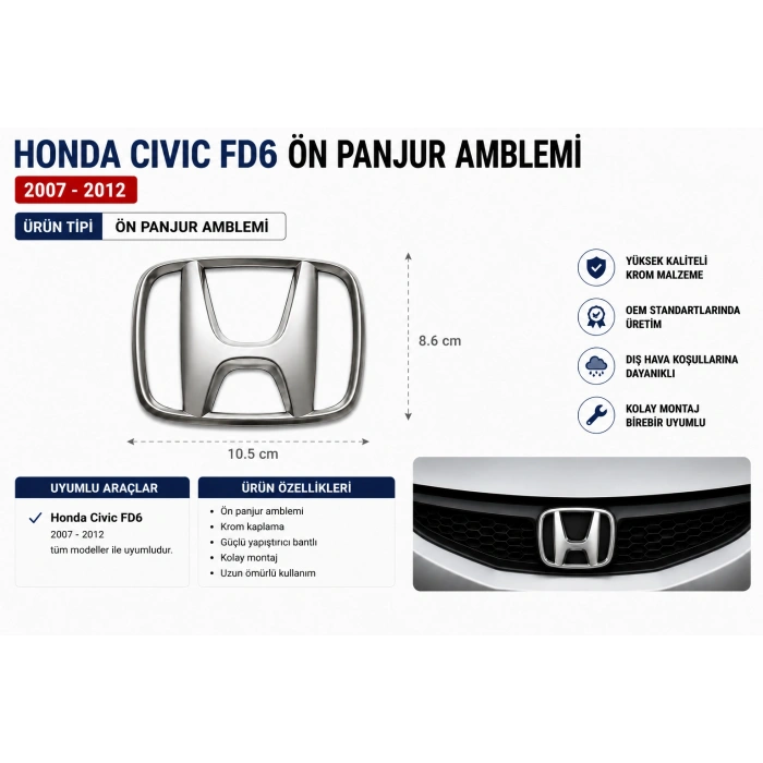 Honda Civic FD6 Ön Panjur Amblemi Logo 2007-2012 OEM Yedek Parça