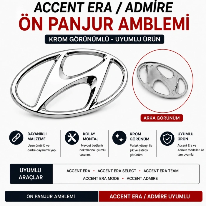 Hyundai Accent Era / AdmireUyumlu Ön Panjur Amblemi Krom Görünümlü