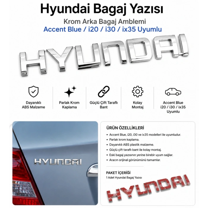 Hyundai Bagaj Yazısı Krom Arka Bagaj Amblemi Accent Blue i20 i30 ix35 Uyumlu