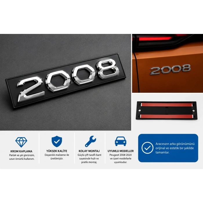 Peugeot 2008 Bagaj Yazısı Krom Arka Bagaj Amblemi 2020 ve Üzeri Uyumlu