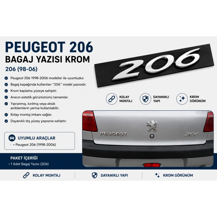 Peugeot 206 Bagaj Yazısı Krom 1998-2006