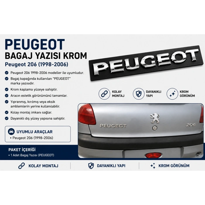 Peugeot 206 Bagaj Yazısı Krom 1998-2006