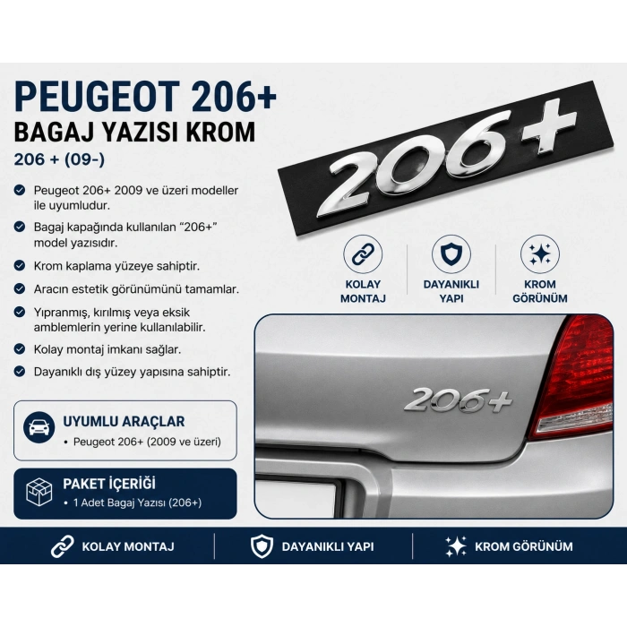 Peugeot 206+ Bagaj Yazısı Krom 2009 ve Üzeri