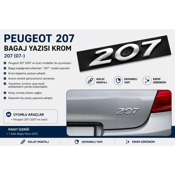 Peugeot 207 Bagaj Yazısı Krom 2007 ve Üzeri