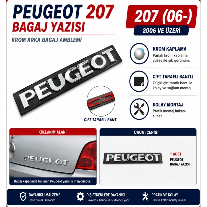 Peugeot 207 Bagaj Yazısı Krom Arka Bagaj Amblemi 2006 ve Üzeri Uyumlu