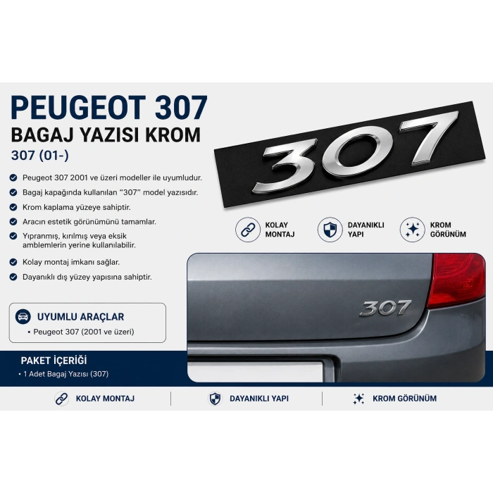 Peugeot 307 Bagaj Yazısı Krom 2001 ve Üzeri