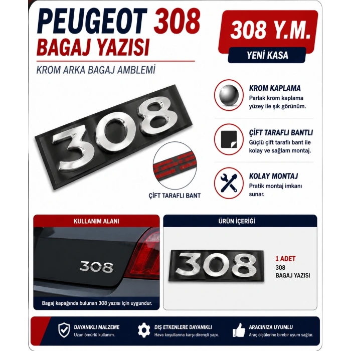 Peugeot 308 Bagaj Yazısı Krom Arka Bagaj Amblemi Yeni Kasa Uyumlu
