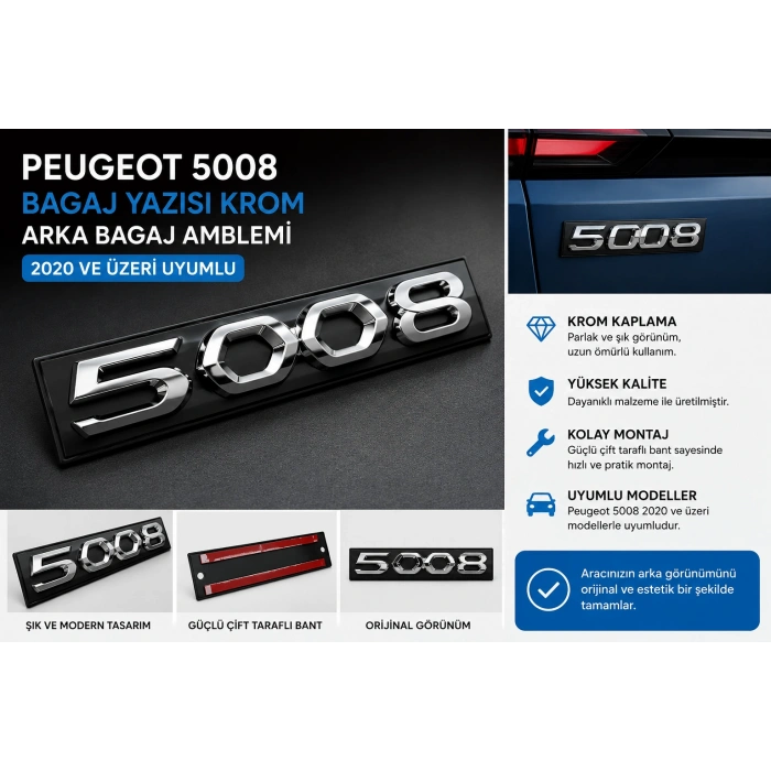 Peugeot 5008 Bagaj Yazısı Krom Arka Bagaj Amblemi 2020 ve Üzeri Uyumlu
