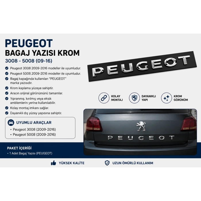 Peugeot Bagaj Yazısı Krom 3008 5008 2009-2016