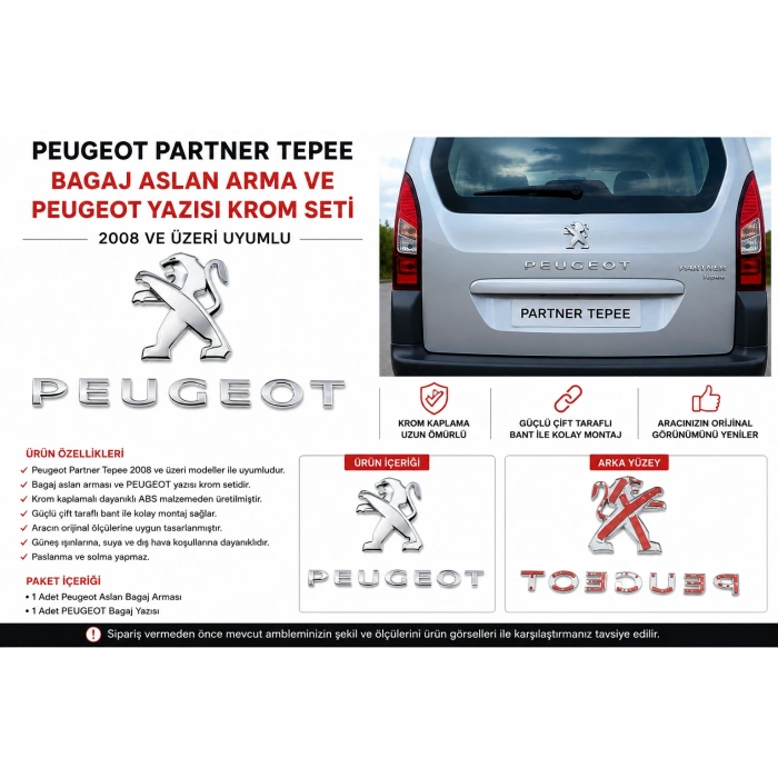 Peugeot Partner Tepee Bagaj Aslan Arması ve Peugeot Yazısı Krom Seti 2008 ve Üzeri Uyumlu