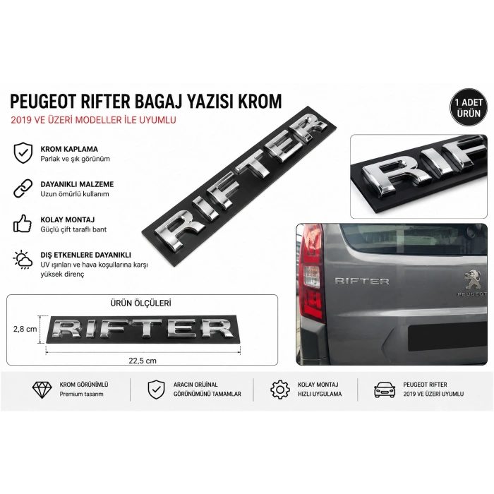 Peugeot Rifter Bagaj Yazısı Krom Arka Bagaj Amblemi 2019 ve Üzeri Uyumlu