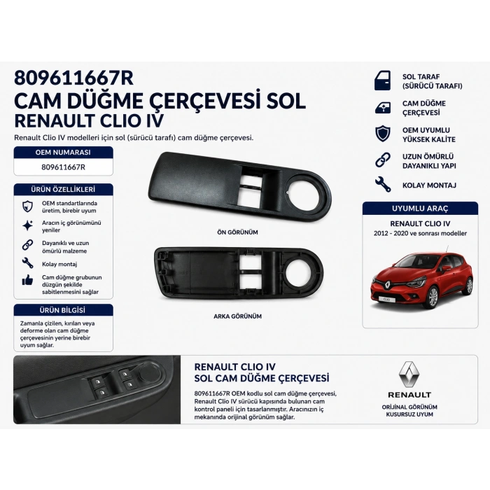 Renault Clio 4 Sol Cam Düğme Çerçevesi Sürücü Kapı Paneli Çerçevesi 809611667R