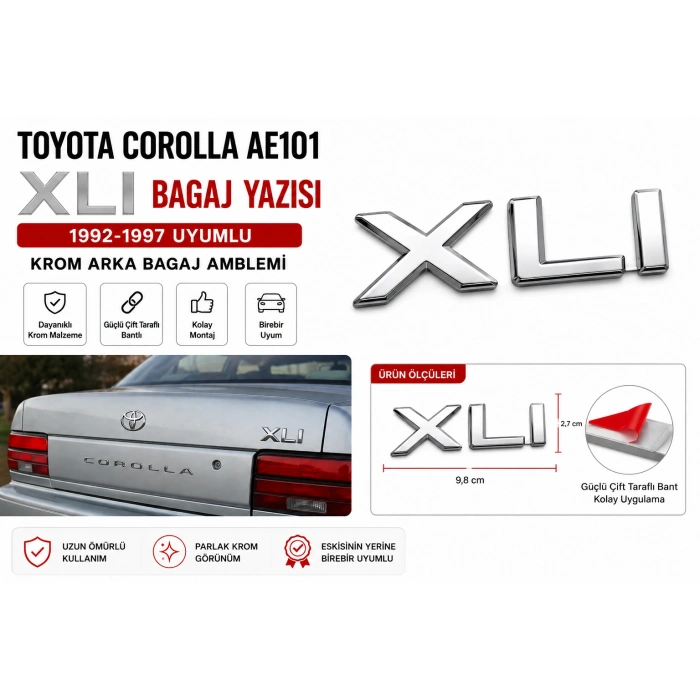 Toyota Corolla AE101 XLI Bagaj Yazısı Krom Arka Bagaj Amblemi 1992-1997 Uyumlu